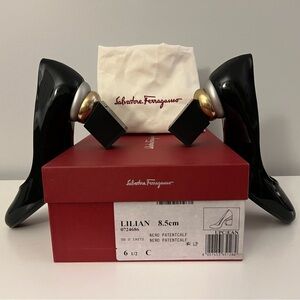 Salvatore Ferragamo Lilian Sculpted Black Patent Leather Pumps, Size 6.5 C